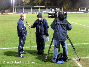 Stafford Manager Phil Robinson being interviewed after the match